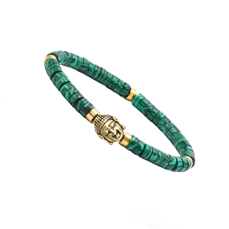 Bracelet Perles Heishi Pierres Naturelles Malachite Bouddha Doré Acier-XS-14cm