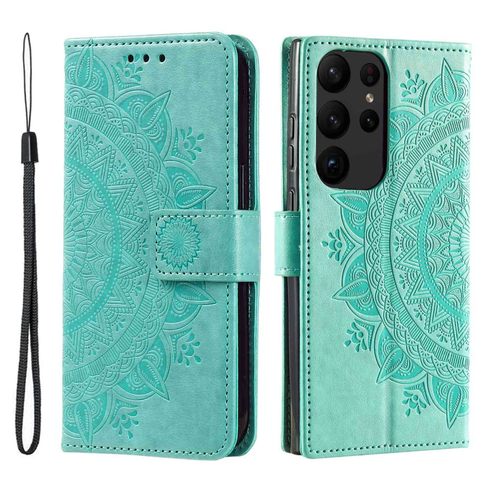 Samsung Galaxy S23 Ultra 5G Leder Tasche Wallet - Mandala Flowers Imprint - Türkis