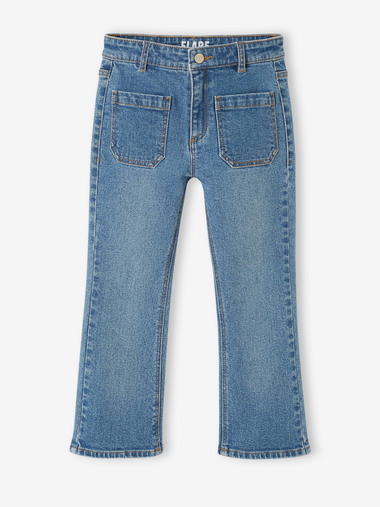 Calça jeans azul boca de sino estilo pirata para meninas