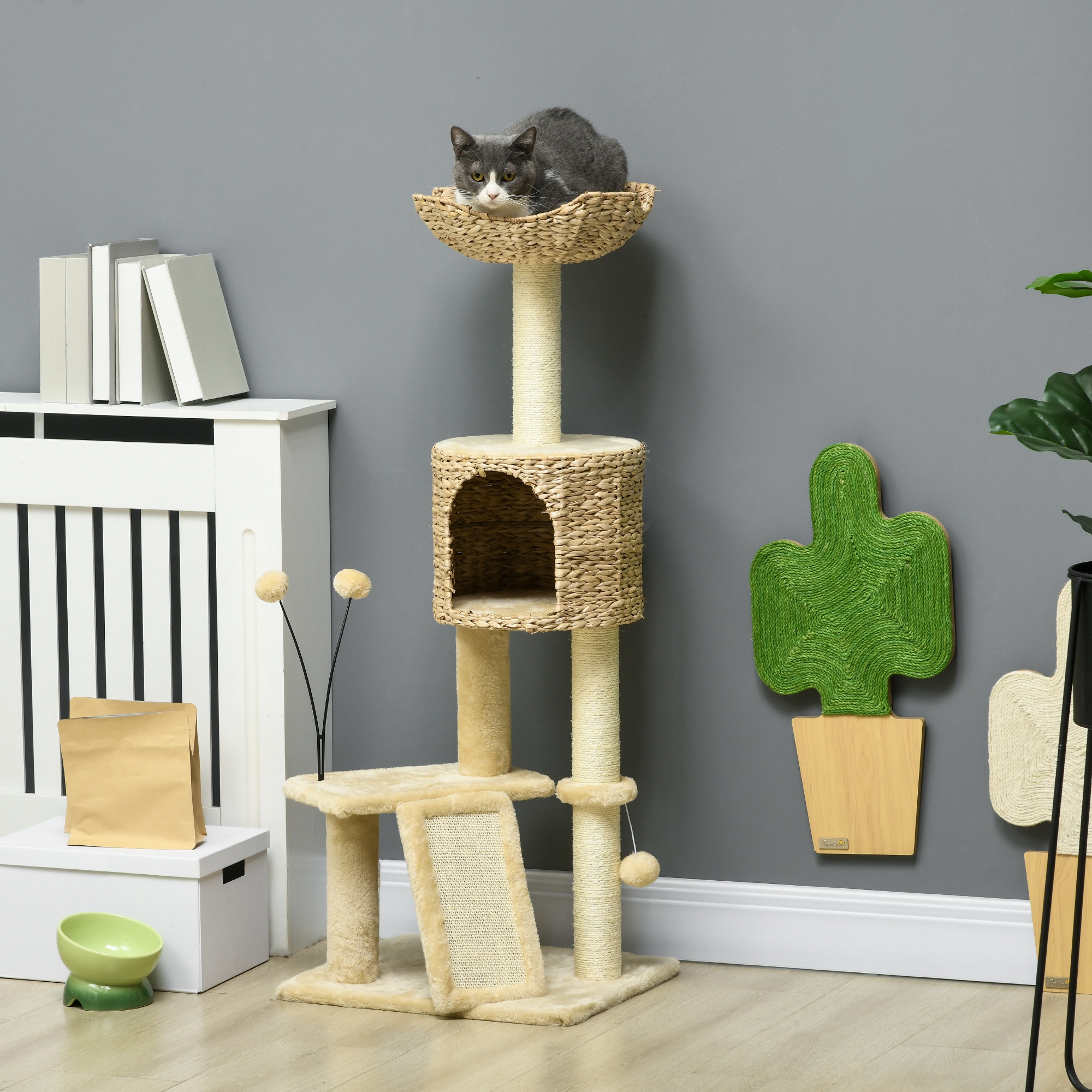 Árvore arranhadora para gatos PawHut de 116 cm, torre para gatos de interior com postes para arranhar, cama, caverna com catnip, rampa e bolas, 45 x 40 x 116 cm, bege