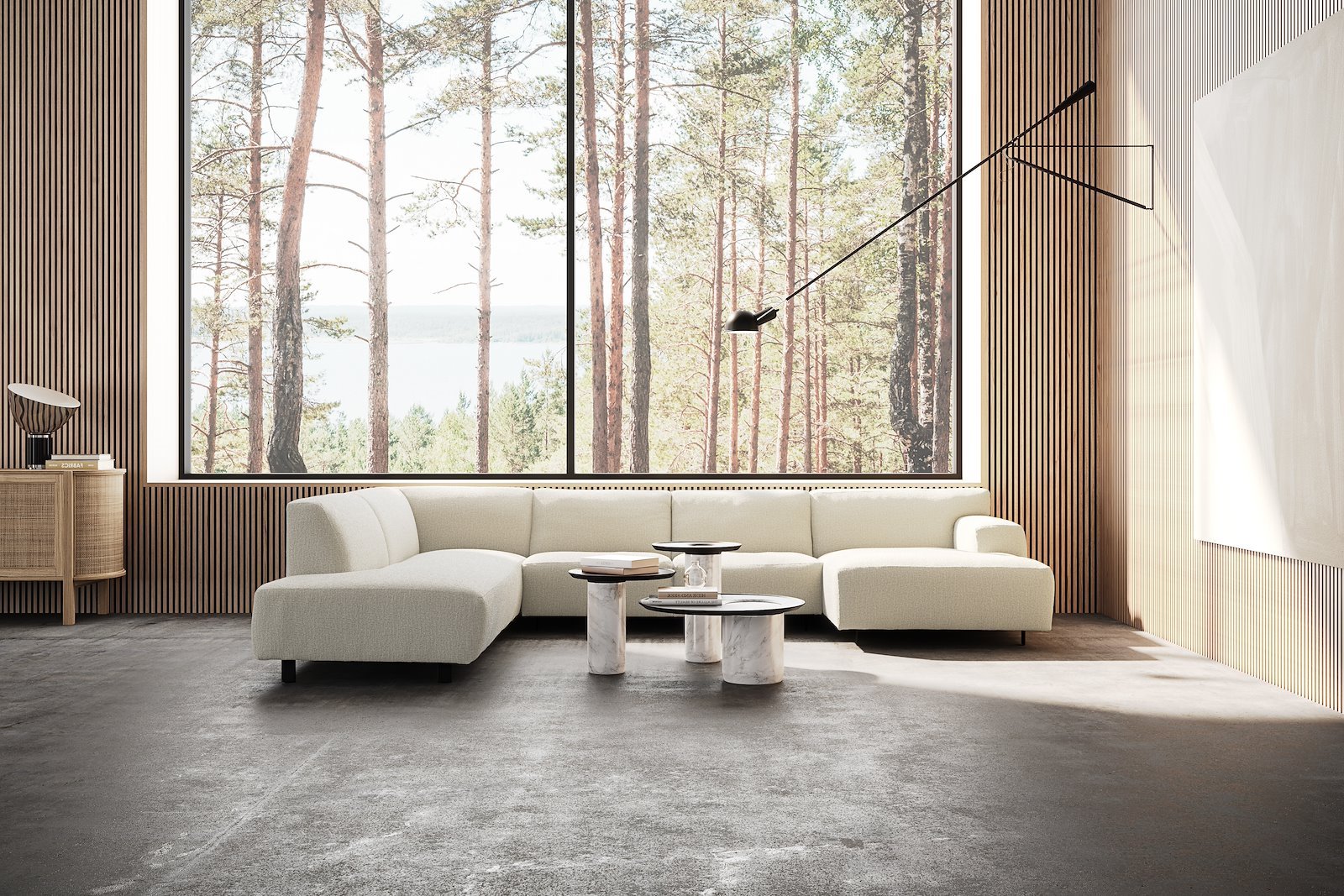 Vesta U-sofa Sjeselong høyre, 3-seter og åpen ende venstre. Big hjørnemodul, Tekstil Marsel Beige, sort metallben 10 cm, Comfort CM