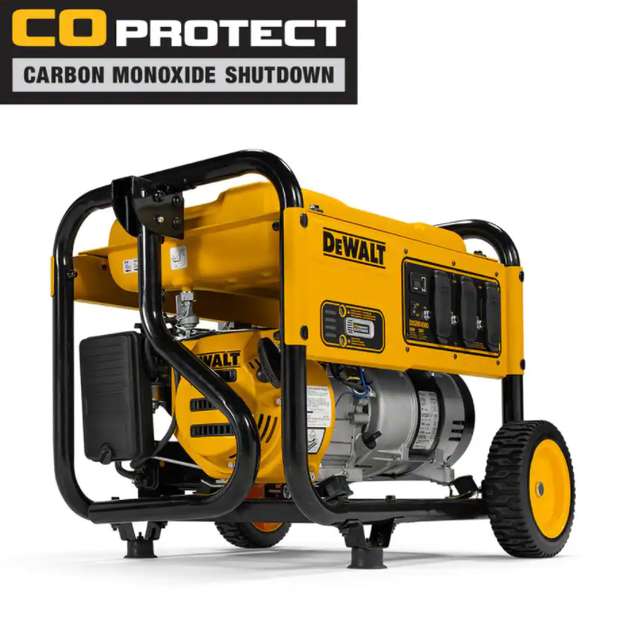 Gerador portátil a gasolina DEWALT de 4000 watts com partida manual, motor premium, tomadas protegidas e proteção contra monóxido de carbono.