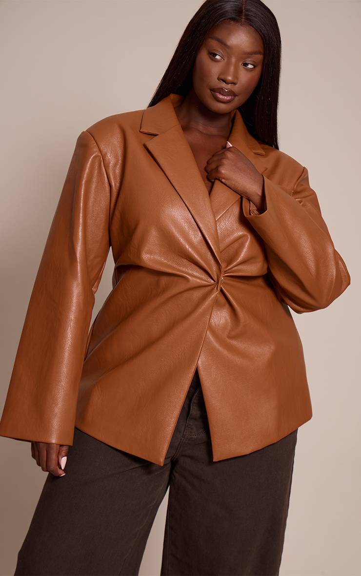 Marron Blazer Grande Taille En Synthétique Avec Taille Cintrée