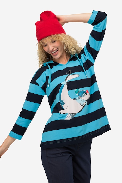 Hoodie, Ringel, Robben-Print, Kapuze, 3/4-Ärmel, OEKO-TEX