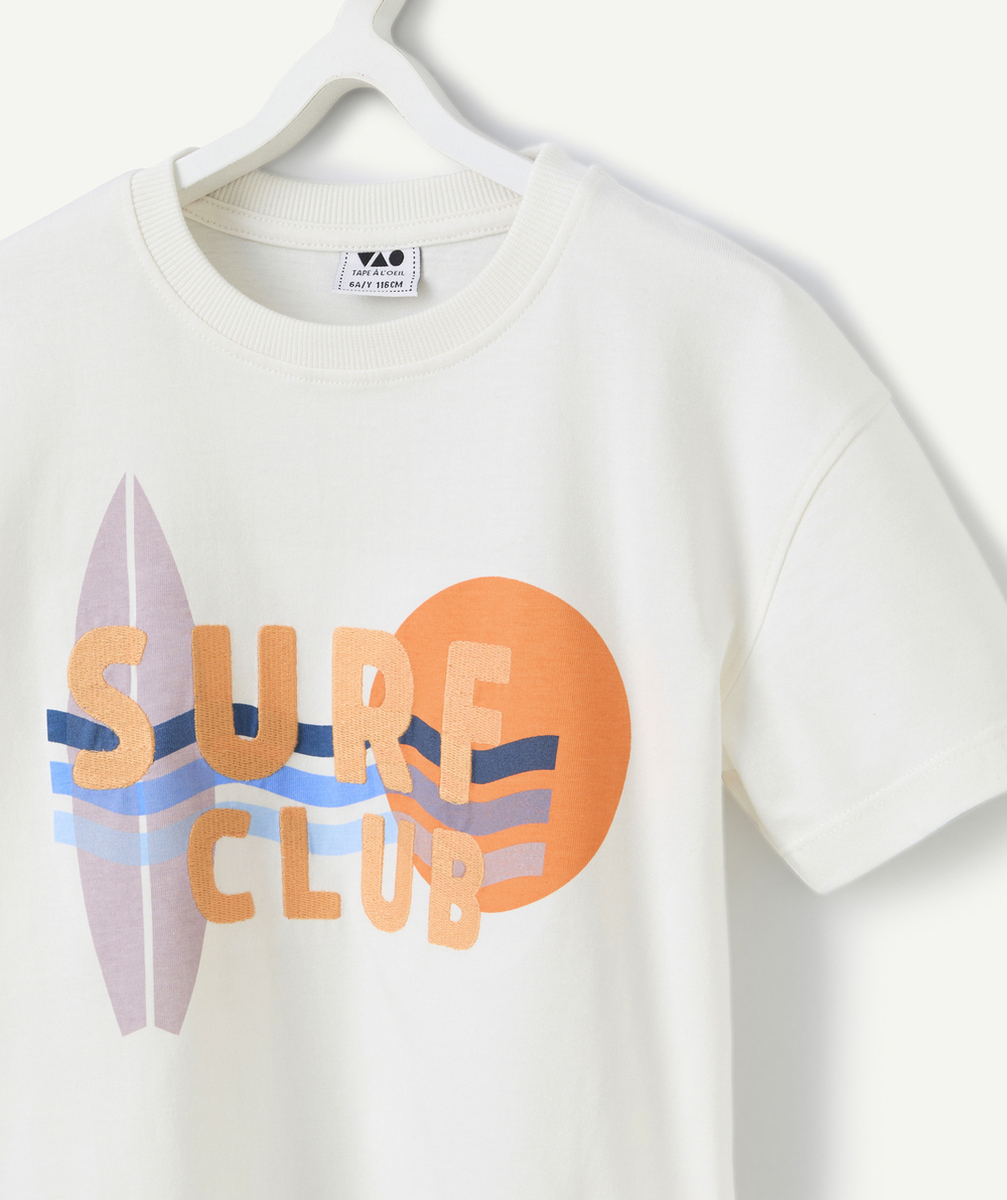 t-shirt manches courtes garçon en coton bio blanc motif surf