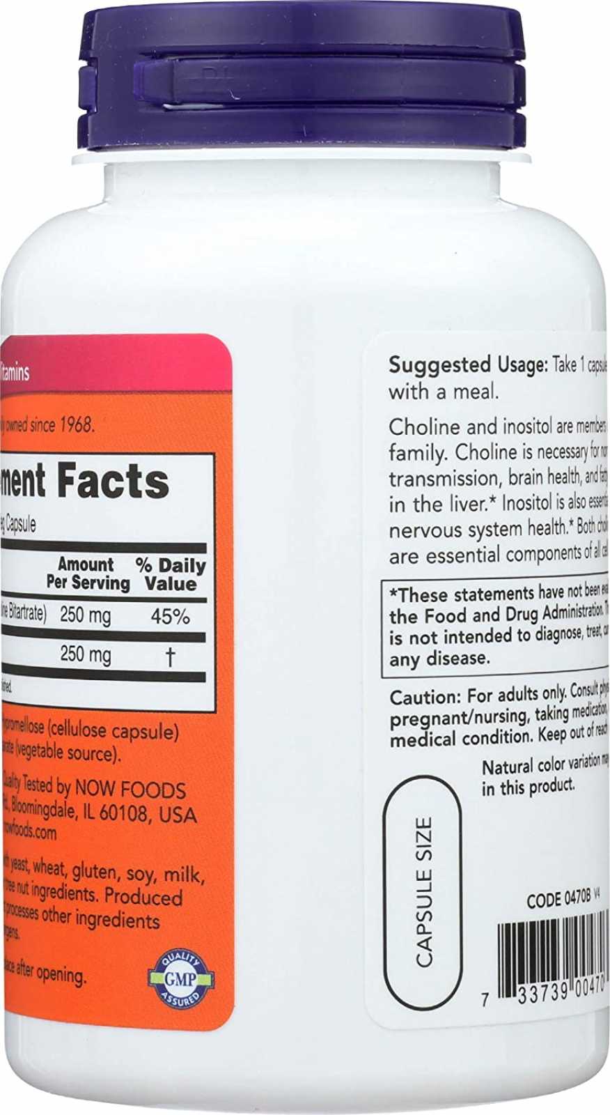 NOW Foods Colina e Inositol 500 mg 100 cápsulas
