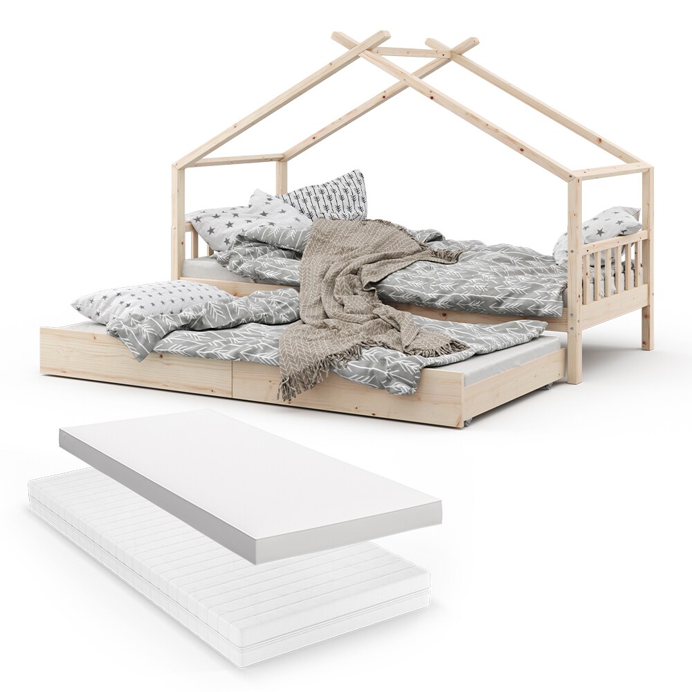 VitaliSpa Kinderbett Hausbett Gästebett Design Lattenrost 90x200 Matratze Natur