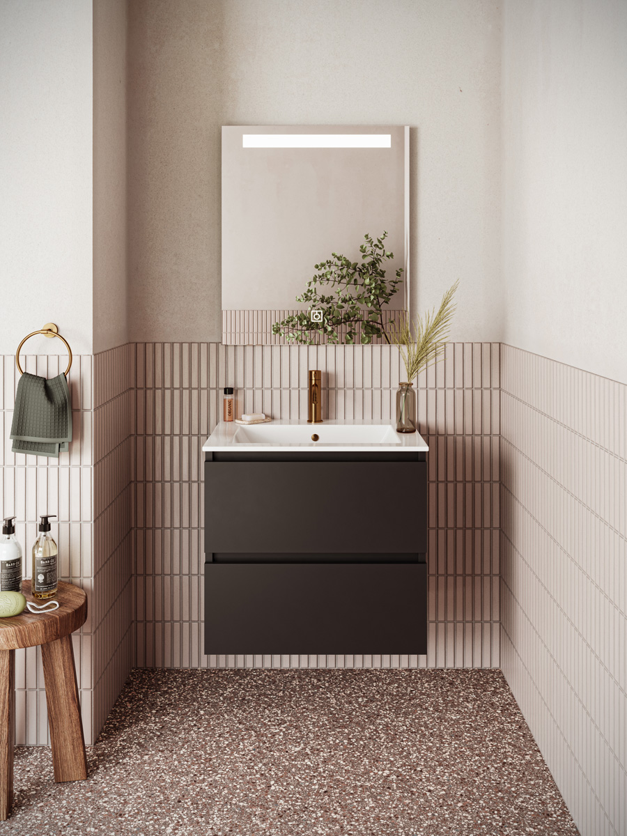 Fontana Rovigo badmeubel 60cm zwart mat met witte wastafel met kraangat en spiegel met verlichting