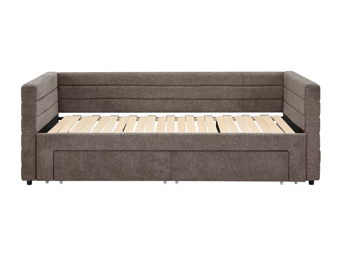 Lit gigogne 2 x 80 x 200 cm - Avec sommier peigne et tiroirs - Tissu texturé - Taupe + Matelas - CAMITY
