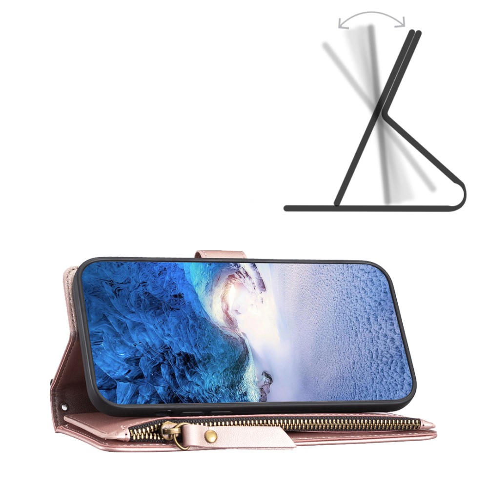 iPhone 15 Pro Leder Wallet Etui Tasche mit 9 Kartenfächern   Münzfach - Roségold