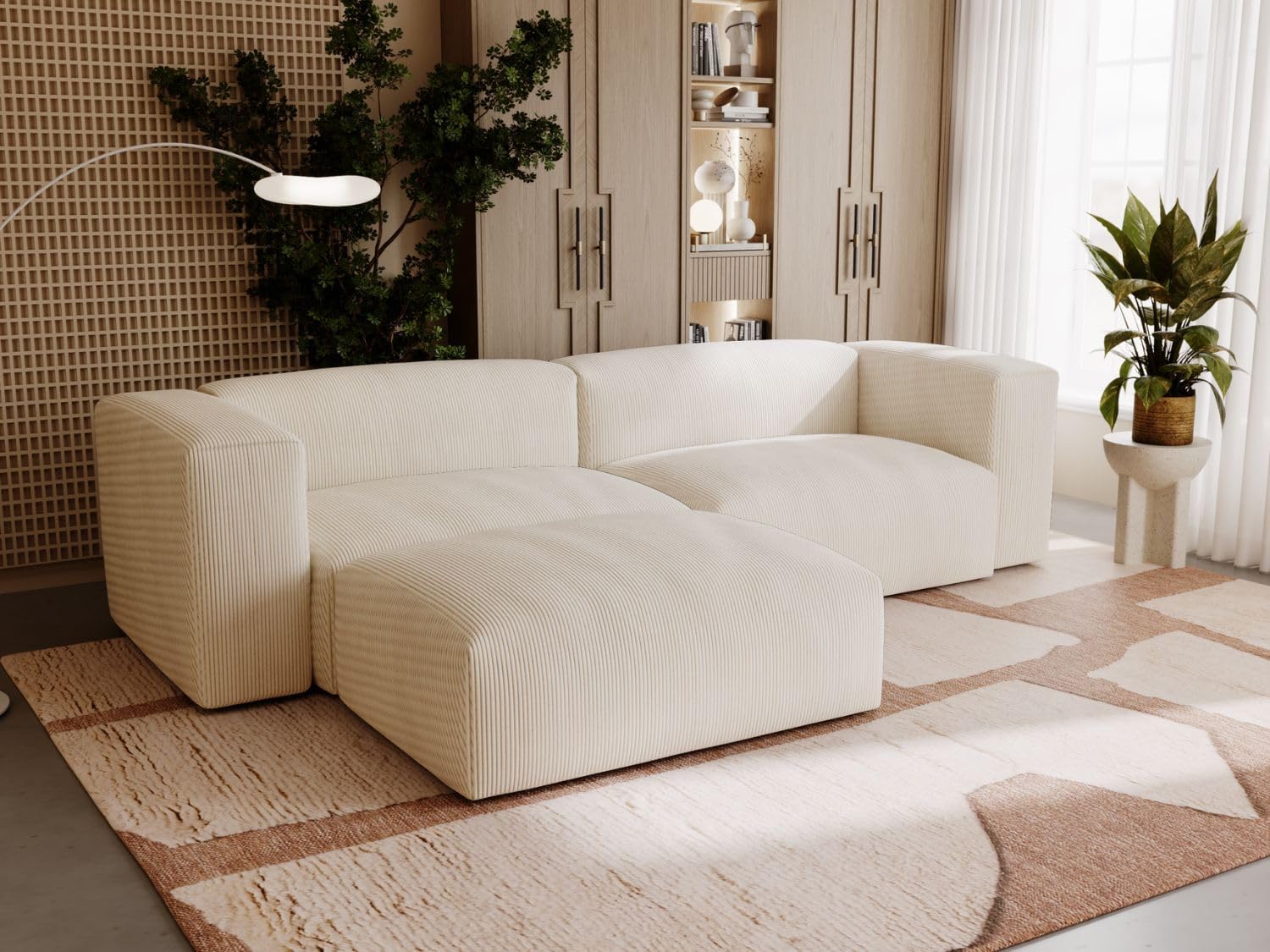 GRAINGOLD Landi Ecksofa 248x180 cm, L-Form Sofa, Ecksofa für Wohnzimmer, Cord Stoff, 4-Sitzer Eckcouch, Modernes Design (Creme, Links)