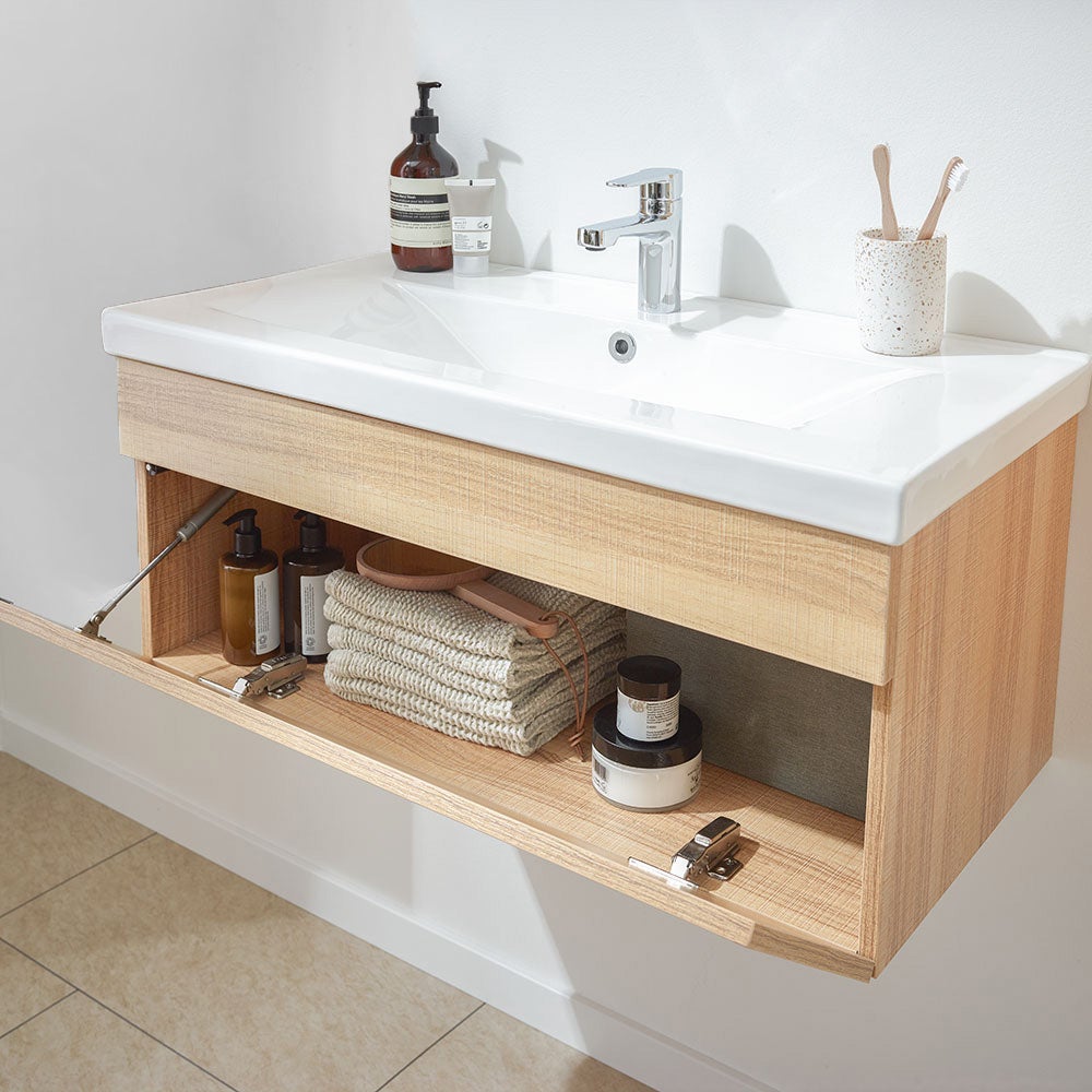 Home Deluxe - Badkamermeubelset - WANGEROOGE BIG Wood - klein - incl. wastafel en complete accessoires - Wastafelmaat: ca. 80 cm | Badkamermeubel Wastafelmeubel Badkamermeubelset
