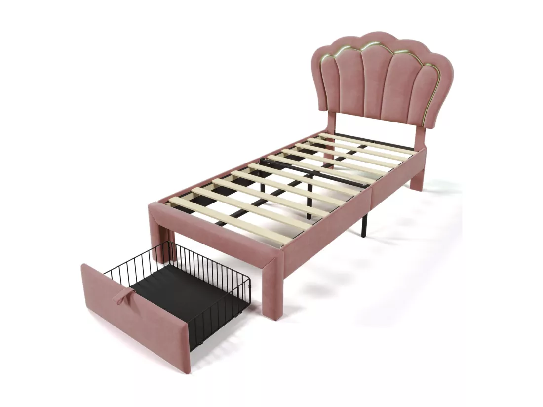 Lit d'enfant LED Single 90 x 190 cm, lit rembourré avec tiroirs APP-Control LED ,Velvet pink
