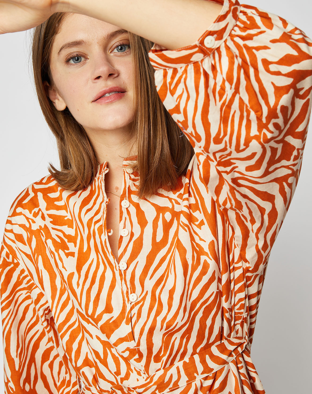 An'ge Robe courte trapèze Louise en Coton à motifs camel/écru