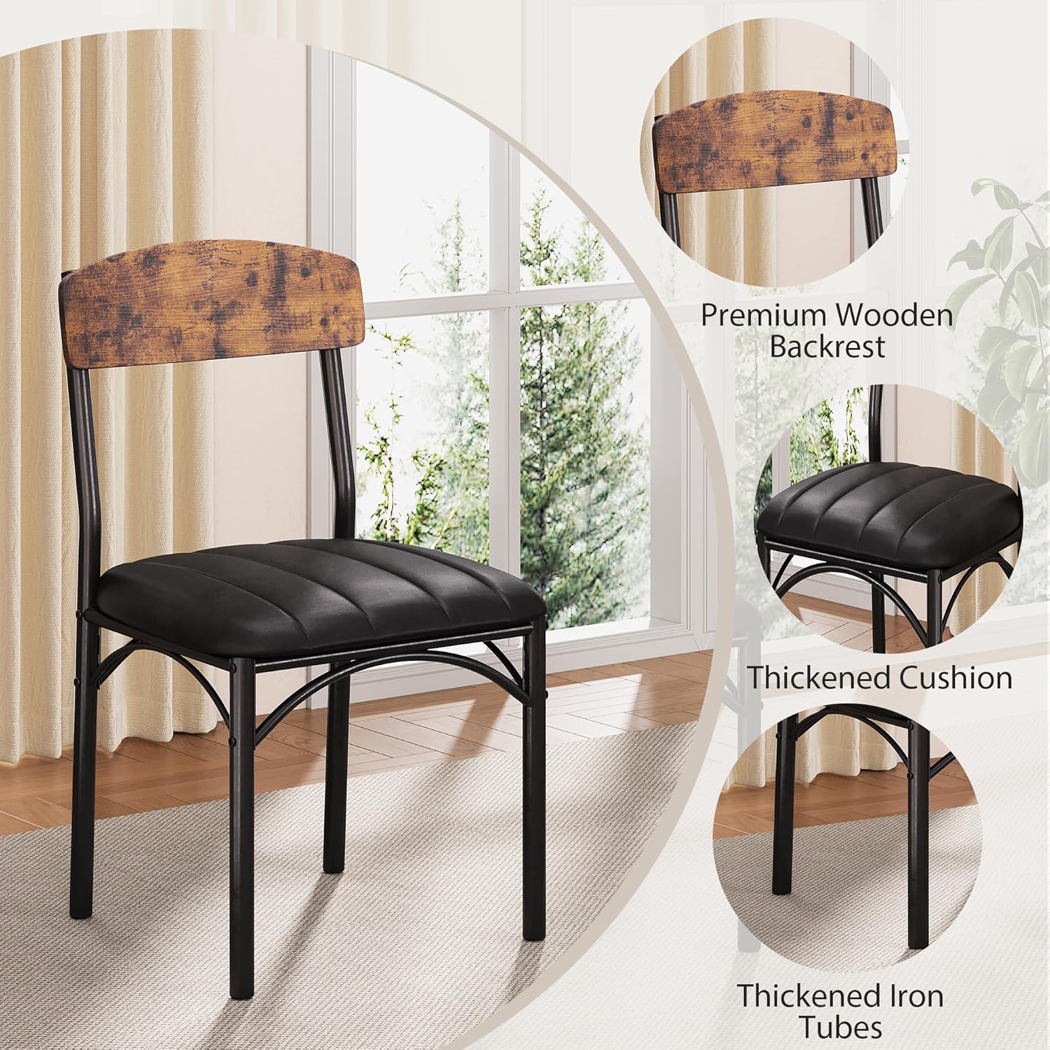 Runder Esstisch und 4 Esszimmerstühle Set, Essgruppe 5-Teilig, Esszimmertisch mit Ablage und 4 stühle, platzsparender Küchentisch aus Holz im Industrial Design (Vintage Braun, 107x107x76cm)