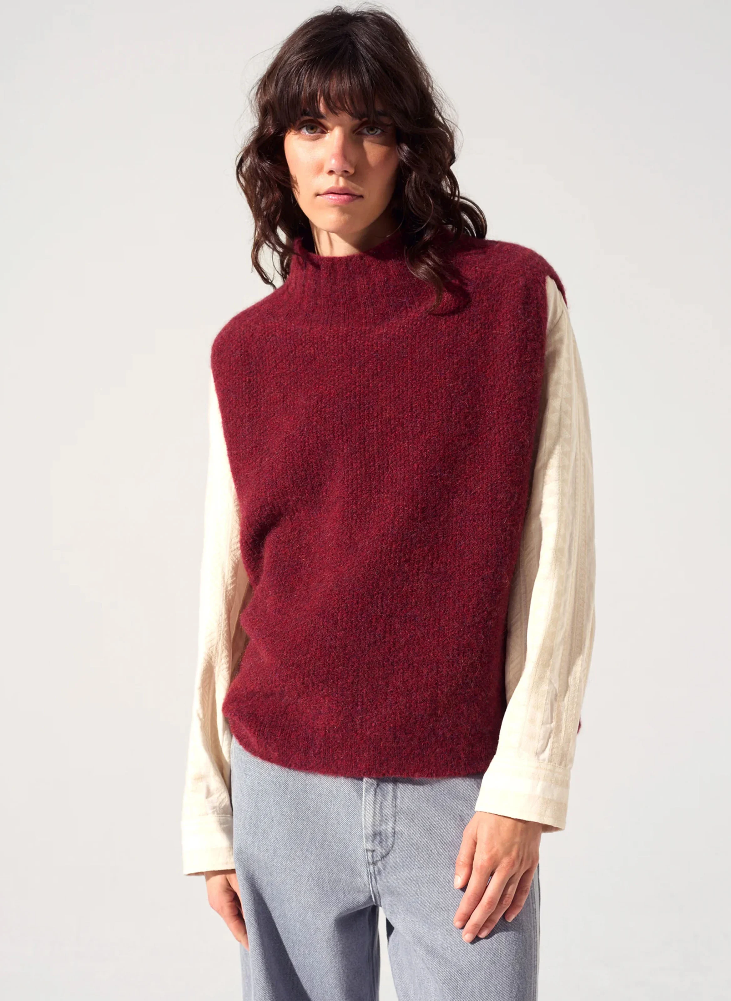 WAYNE - Pull sans manches col montant en maille mélangée | Rouge