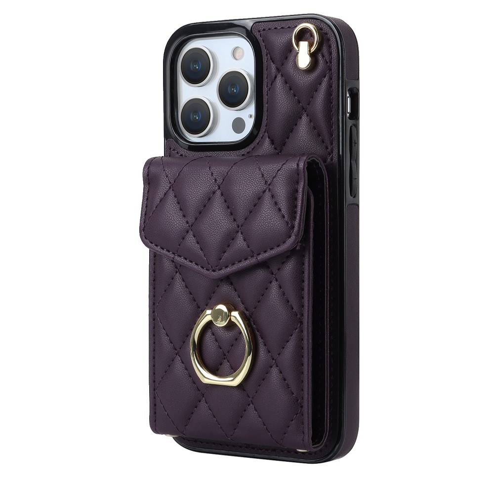 iPhone 15 Pro Max Necklace Leder Hülle mit Kartenfächer   Finger Griff Halterung   Handykette (RFID Schutz) - Violett