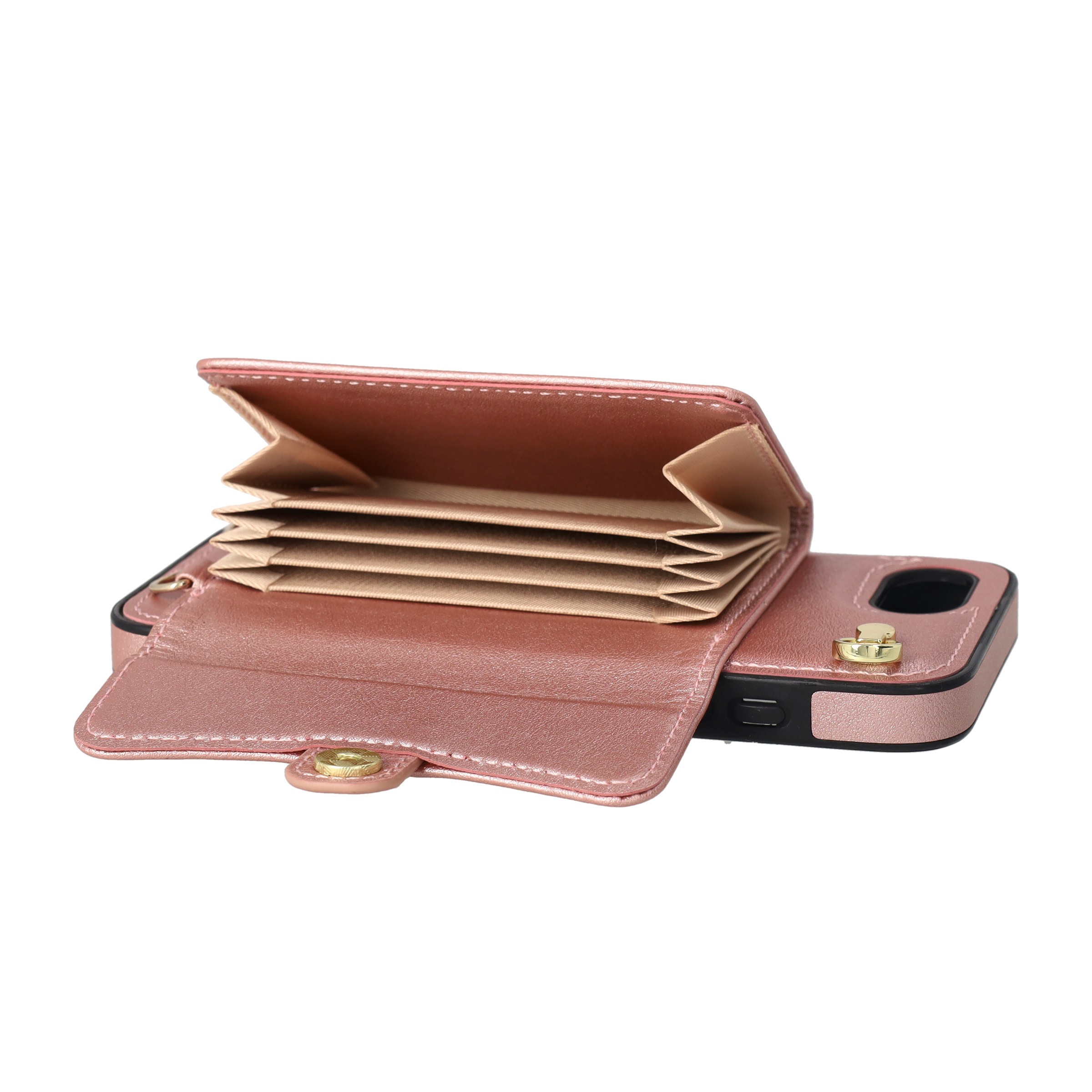 iPhone 16e Necklace Leder Schutz Hülle mit Kartenfach   Handykette (140cm) - Roségold