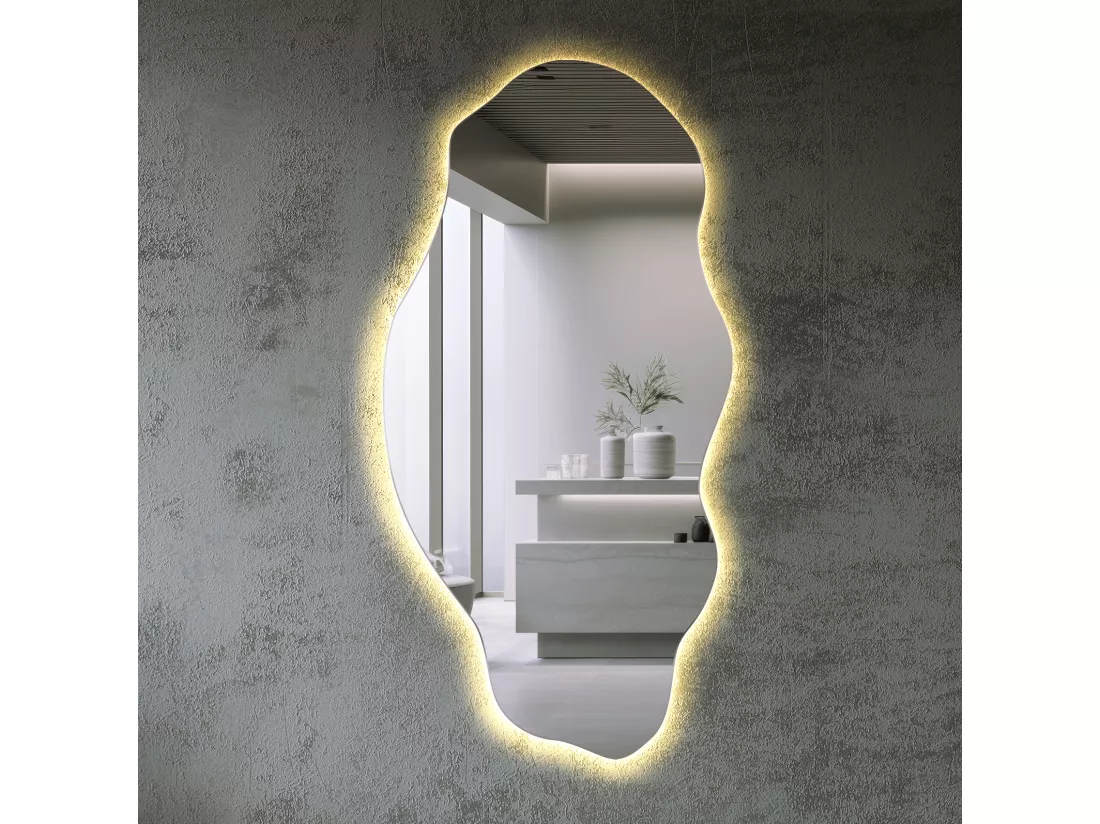 Miroir de Salle de Bain LED Décoratif Irrégulier Premium Prêt à Poser 45 cm x 90 cm - Lumière Chaude