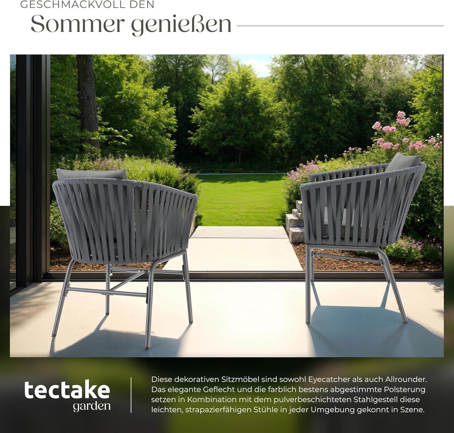 tectake® Gartenstühle Set, Geflecht-Stuhl, Gartenstuhl Rope, Stühle Outdoor, Balkon Sessel, Terrassenmöbel mit Sitzpolster und Kissen für Garten, als Terrassenstuhl, Gartensessel - 2er Set