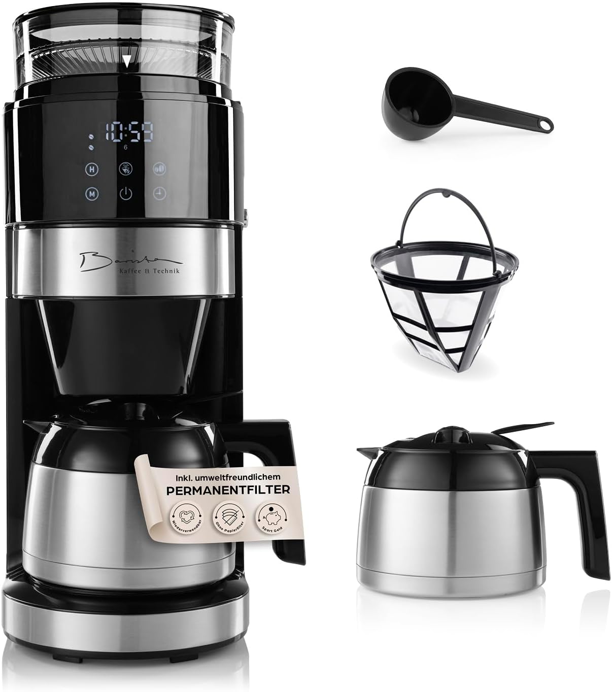 Barista Kaffeemaschine mit digitalem Touch-Display 800W schwarz mit Mahlwerk + Isolierkanne