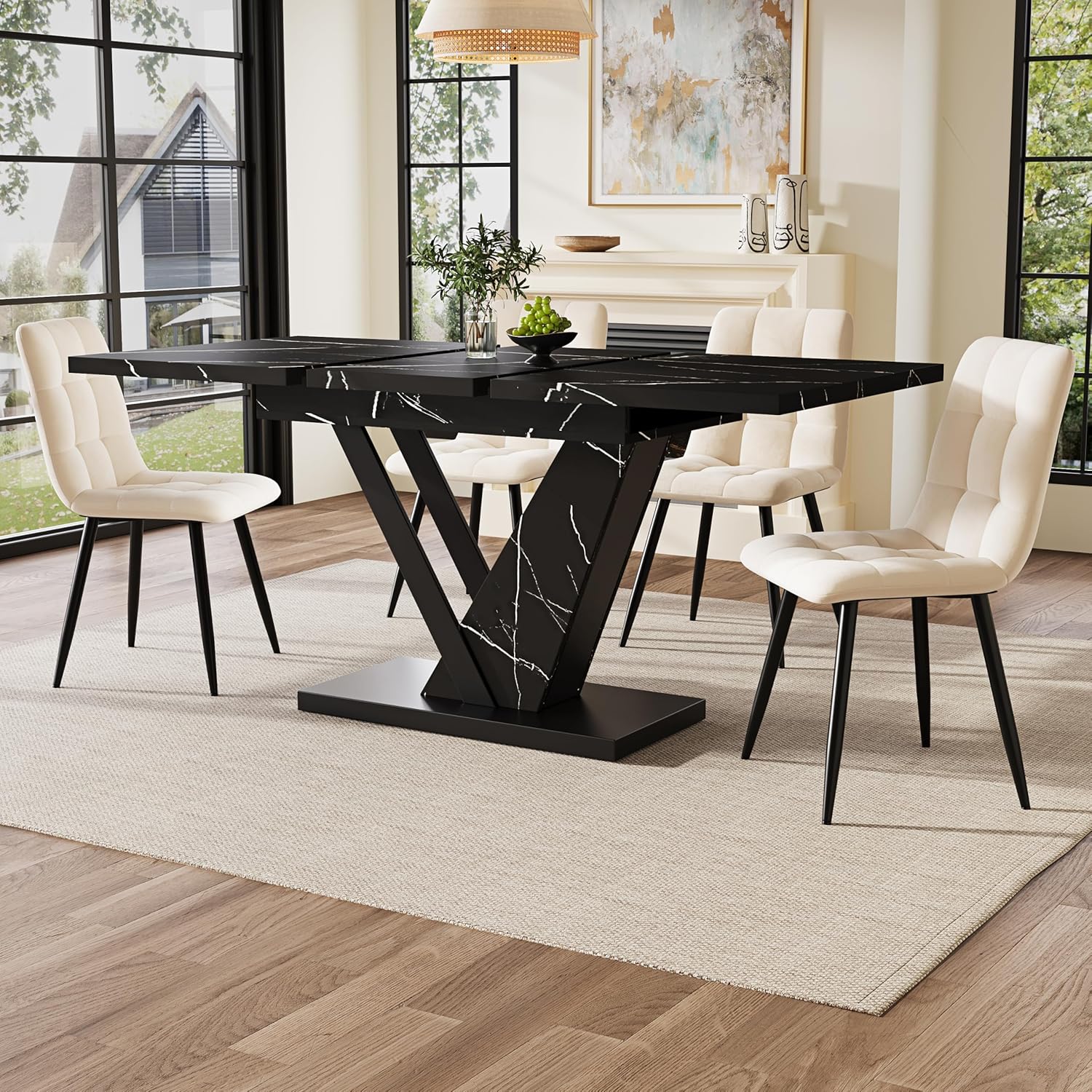 Esstisch Teleskoptisch (120-160 * 75cm), Tisch,mit Hilfe Innenliegender Einlegeplatten auf 120-160cm Ausziehbar, Esstisch mit Schwarzem Marmormuster