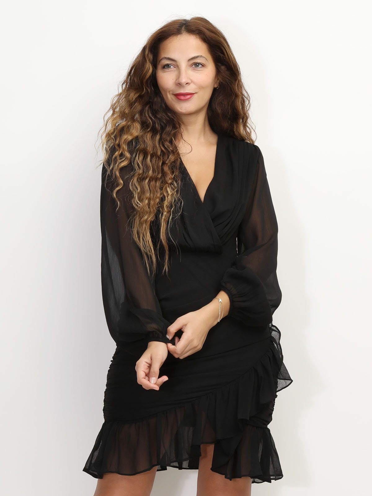 Robe froncée à manches bouffantes- Noir
