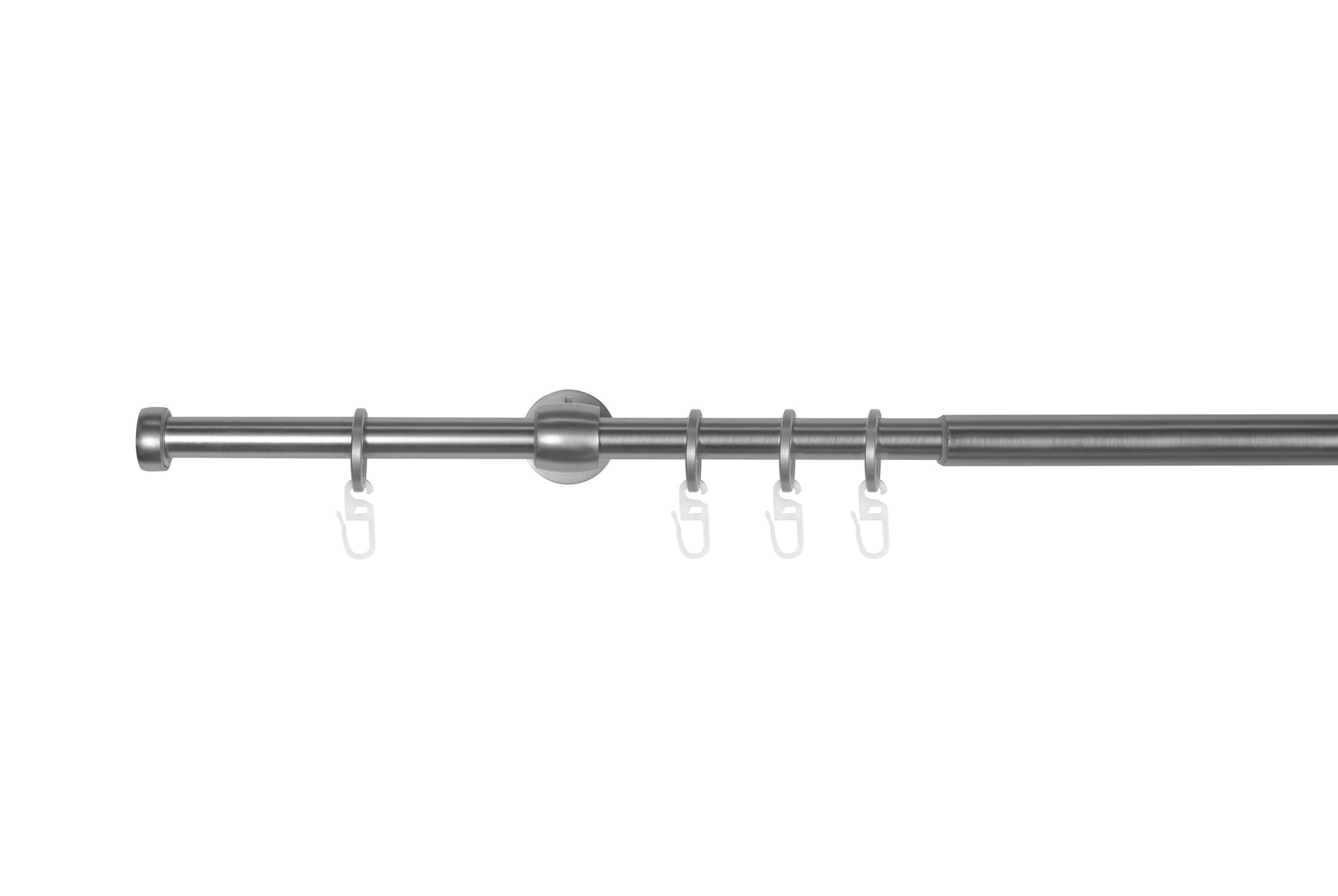 Ondeco Gardinenstange ausziehbar 1-lauf Wand-Deckenmontage Endstück Kappe16/19 mm mit Ringen Farbe: Edelstahl-Optik, Größe: 120-210 cm