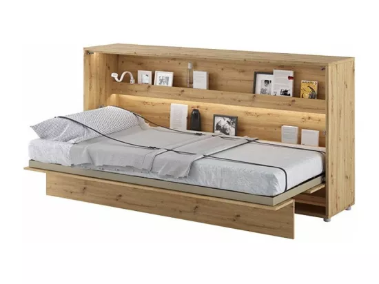 Lit escamotable horizontal avec étagères chêne artisan Noby 90x200-Avec Led sans veilleuses