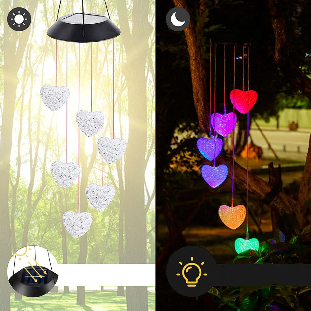 6 LED's Solar Outdoor Licht Garten Deko Windspiel Lampe im Kristallherz Design (IP65) - Bunt