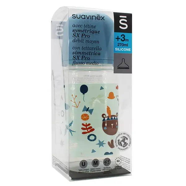 Mamadeira Suavinex +3m com bico simétrico SX Pro S, cor Azul Floresta, 270ml