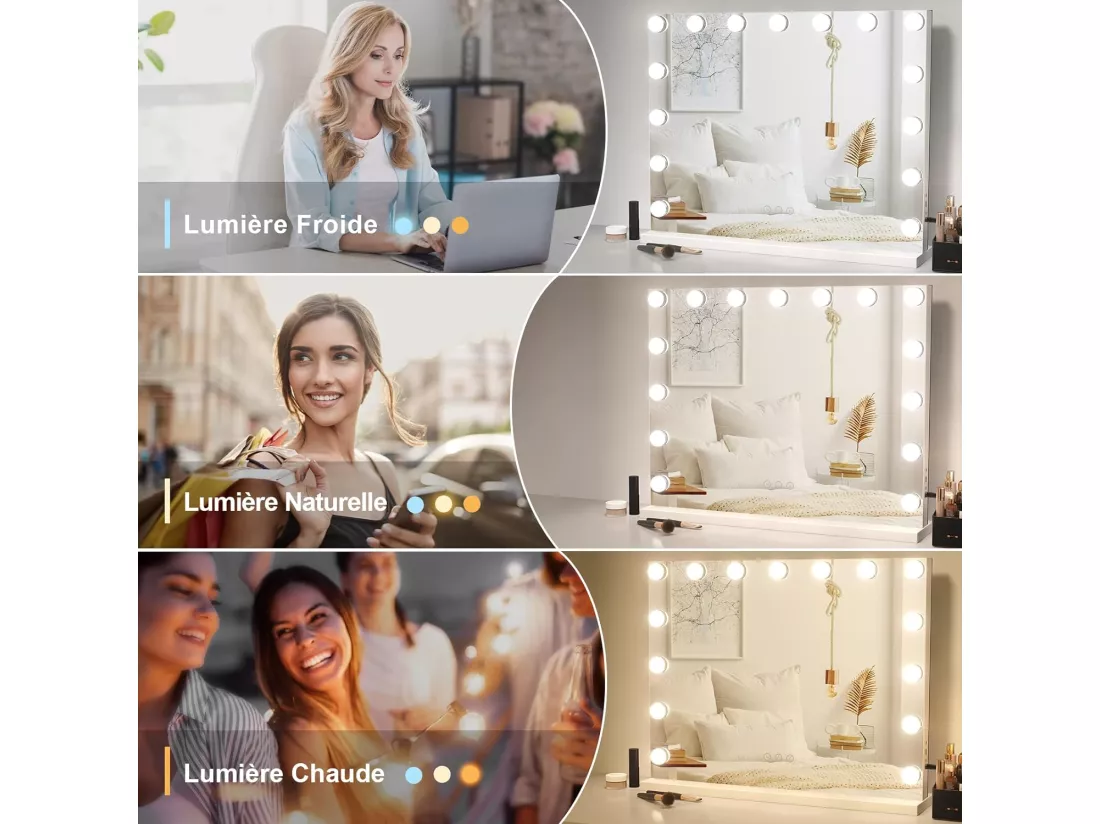 Miroir Maquillage Lumineux Hollywood 15 Ampoules,LED Miroir Coiffeuse Contrôle Tactile Luminosité Réglable sur Table et sur Mur 58x48cm - Blanc