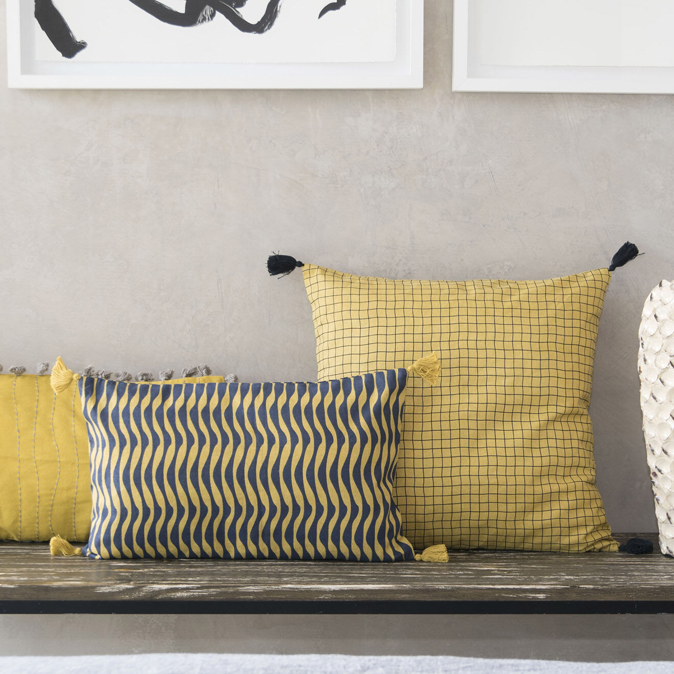 Febronie Housse de coussin Zig Zag moutarde/bleu nuit - 50x30 cm