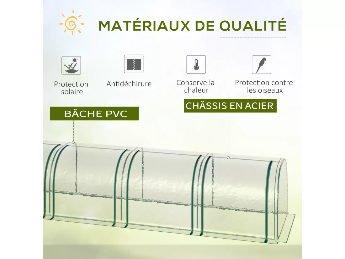 Serre de jardin tunnel 2,95L x 1l x 0,8H m 3 portes zippées bâche PVC transparent métal époxy vert