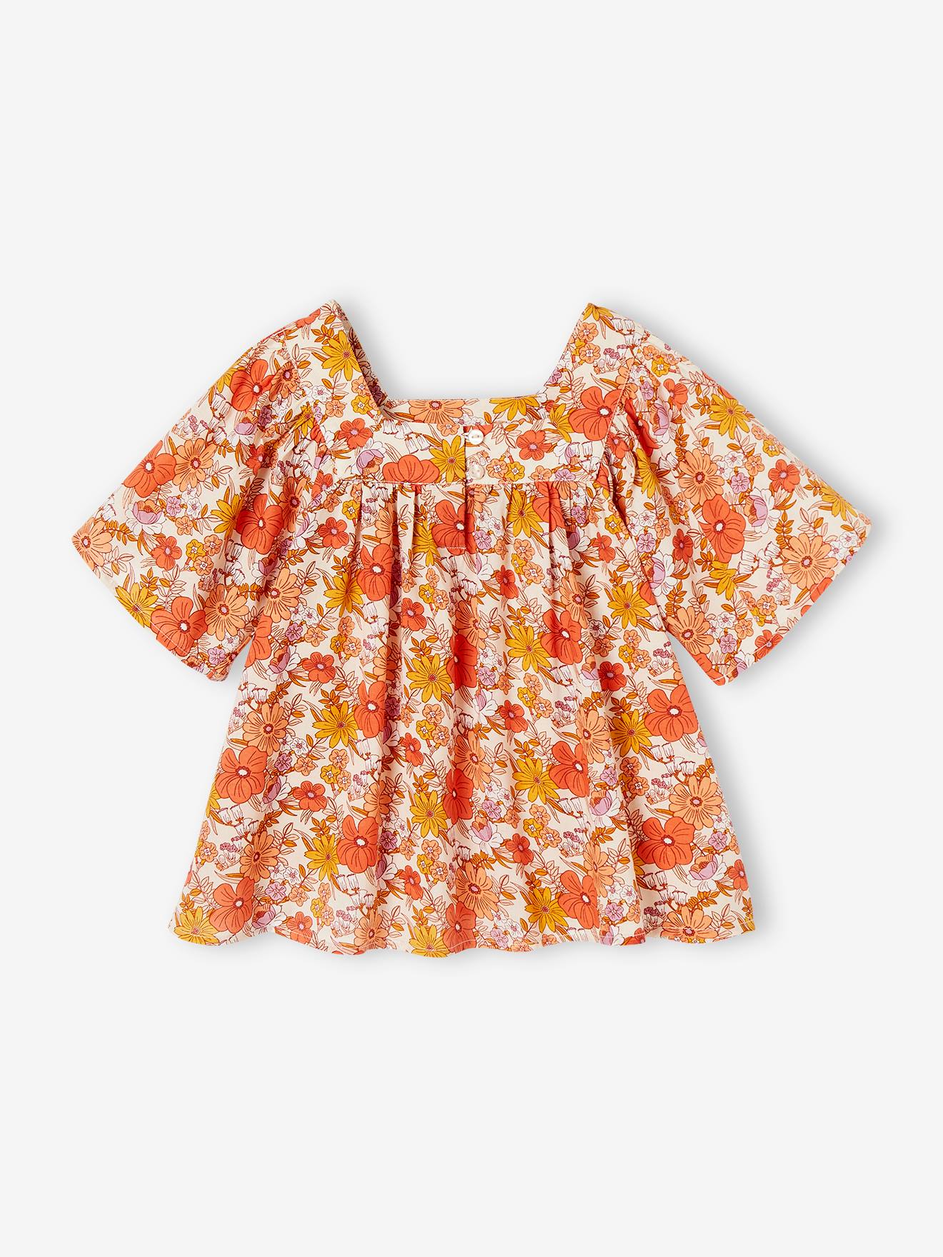Blusa nude com estampa floral e mangas borboleta para meninas
