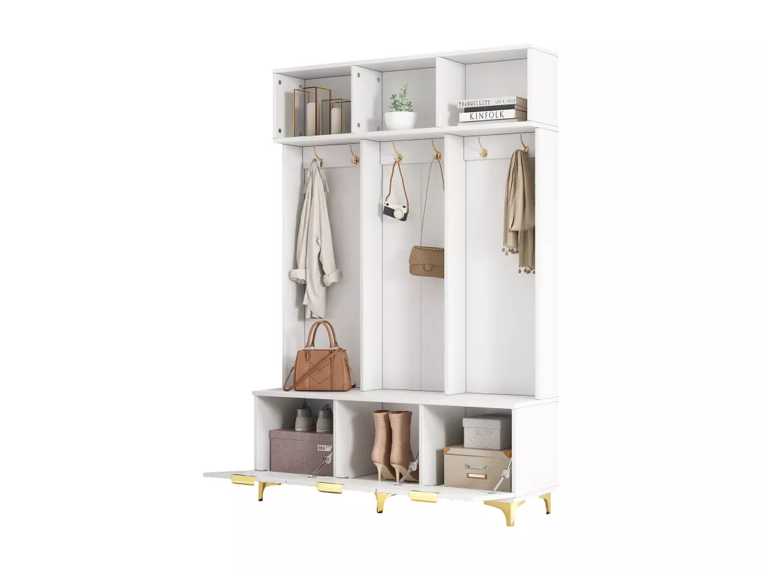 Vestiaire avec 3 portes et 3 niches - 126 x 40 x 191.5 cm - Panneaux de particules et pièds en métal - Blanc