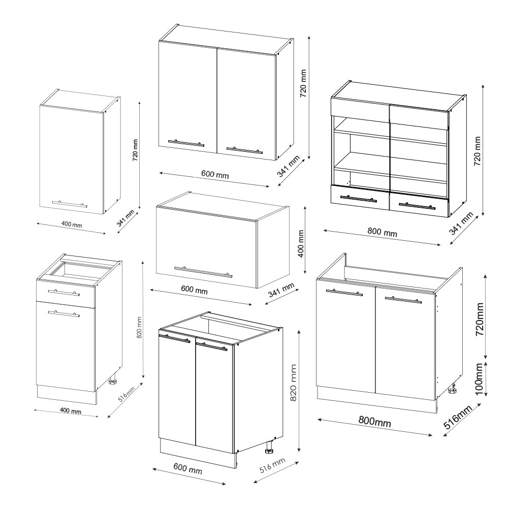 Vicco Küchenzeile Küchenblock Einbauküche Fame-Line Eiche Anthrazit 240 cm modern Küchen Schränke Spülenunterschrank Schubunterschrank Hängeschrank Hängeglasschrank Hochglanz