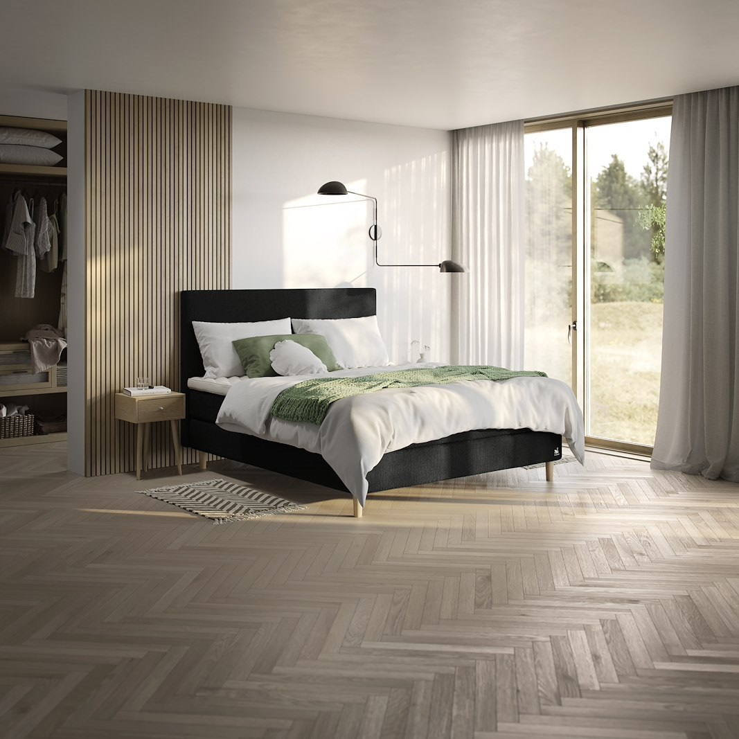 Zeta kontinentalseng Tekstil Dream Graphite, Earth LatexGel® overmadrass og Pinleg Leg 14cm oak