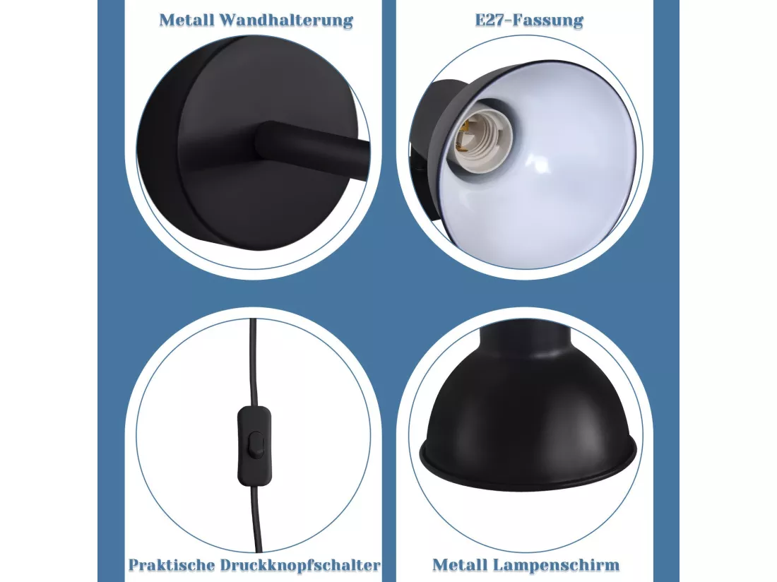 NETTLIFE applique intérieure noire E27 lampe de couloir vintage en métal lampe de cage d'escalier design pivotante indirecte avec