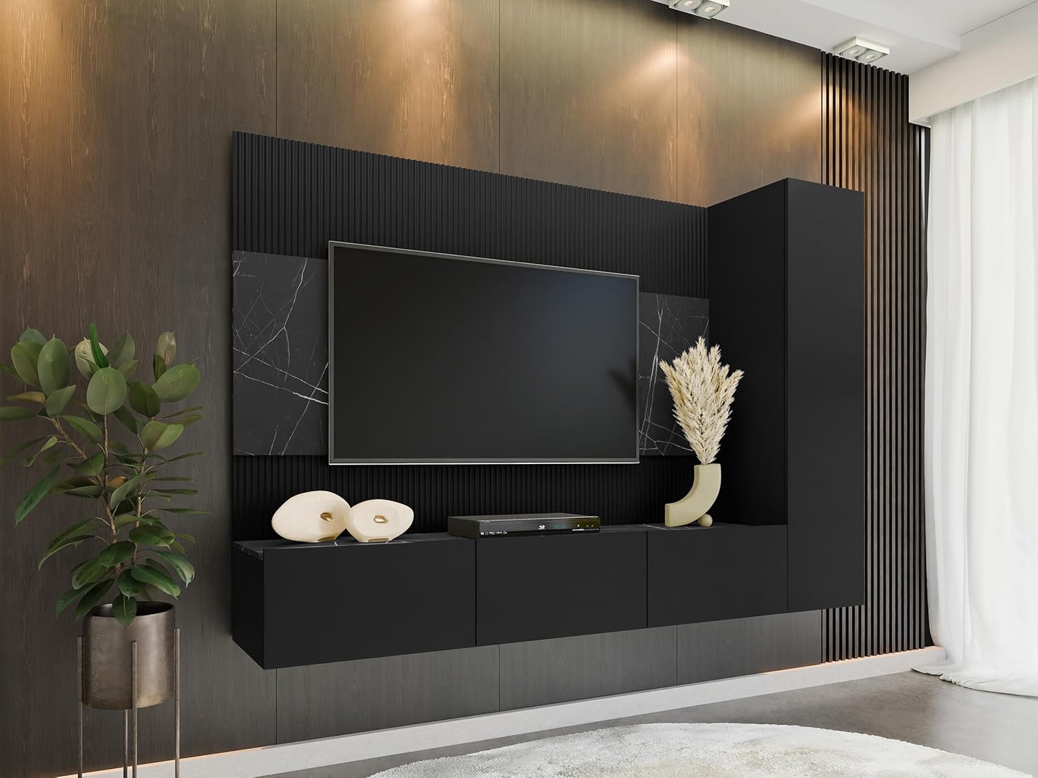 Mirjan24 Wohnwand Deromi VI, Anbauwand mit Wandpaneele und TV-Lowboard, Akustikplatten, Fernsehschrank, Schrankwand, Mediawand, Hängeschrank (Schwarz + Schwarz Marmor)