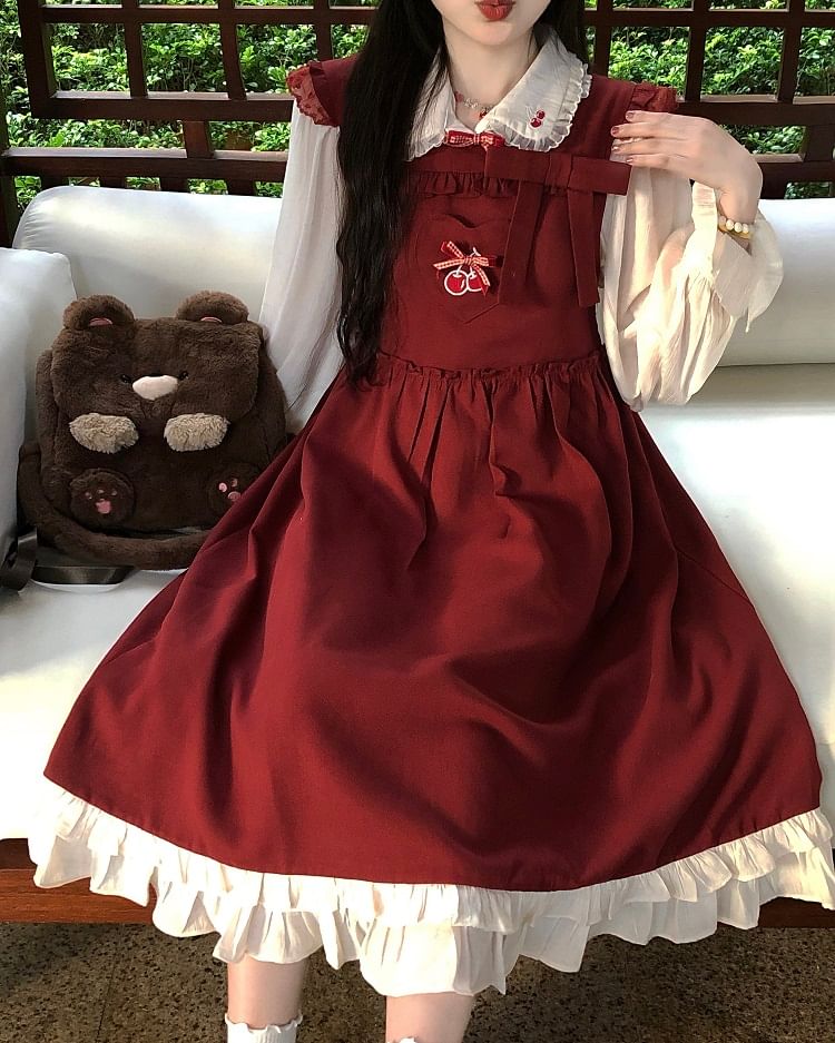 Autuna - Kersen geborduurd shirt / Midi-jurk / Set