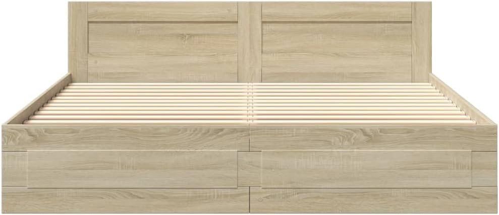vidaXL Bettgestell, Bett mit Kopfteil, Bettrahmen mit Lattenrost, Doppelbett Schlafzimmerbett mit Stauraum, Sonoma-Eiche 200x200cm Holzwerkstoff
