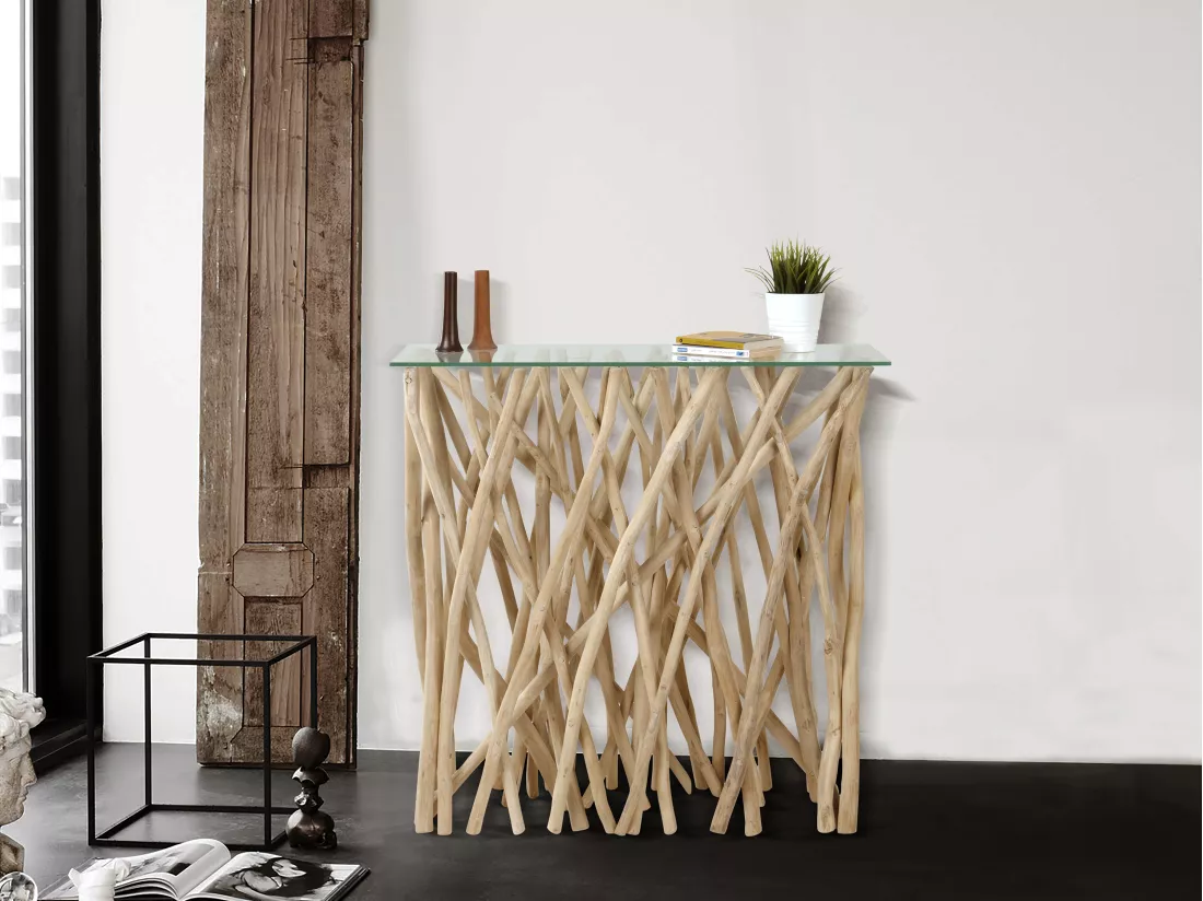 Console en verre trempé et teck - Coloris : Naturel - GAYANA