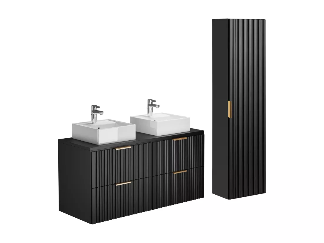 Meuble de salle de bain suspendu strié avec vasque à poser et colonne - Noir - 120 cm - ZEVARA