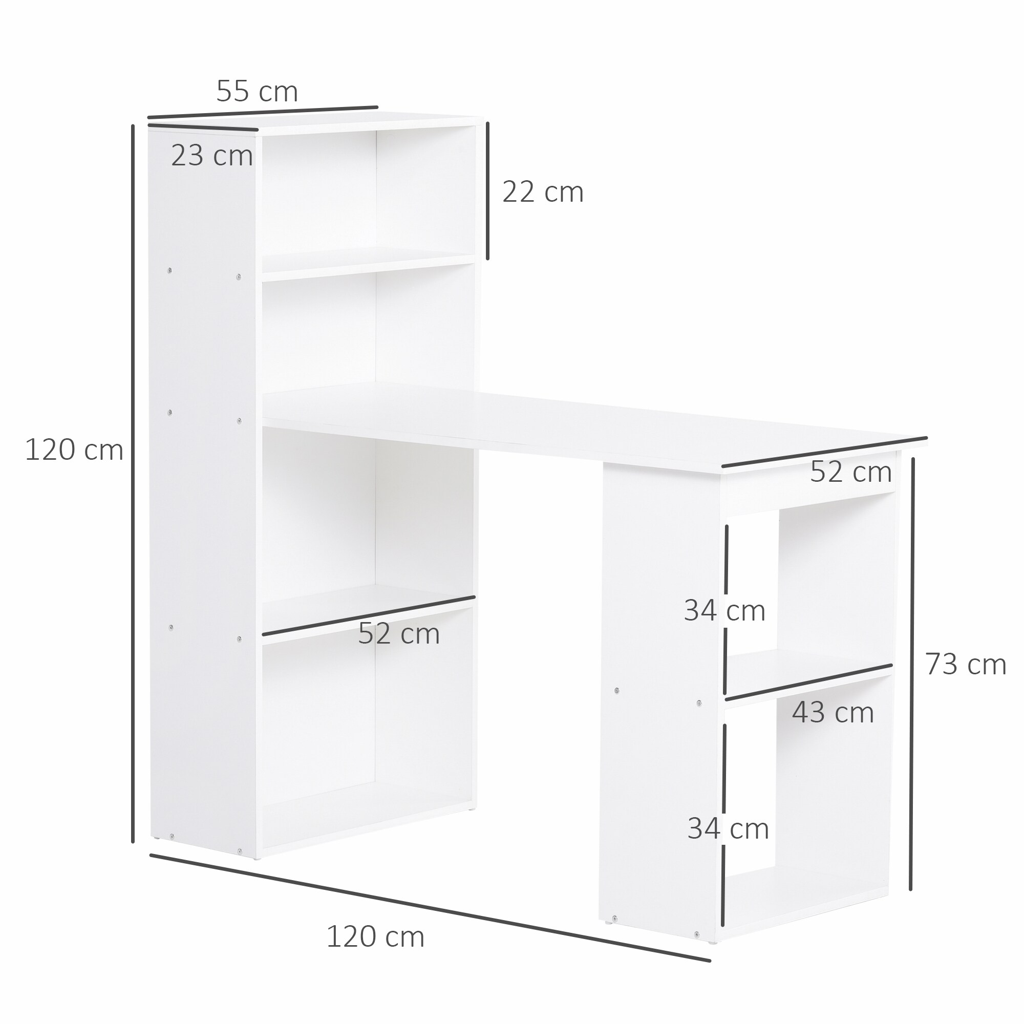HOMCOM Schreibtisch mit 6 Ablagefächer weiß 120L x 55B x 120H cm
