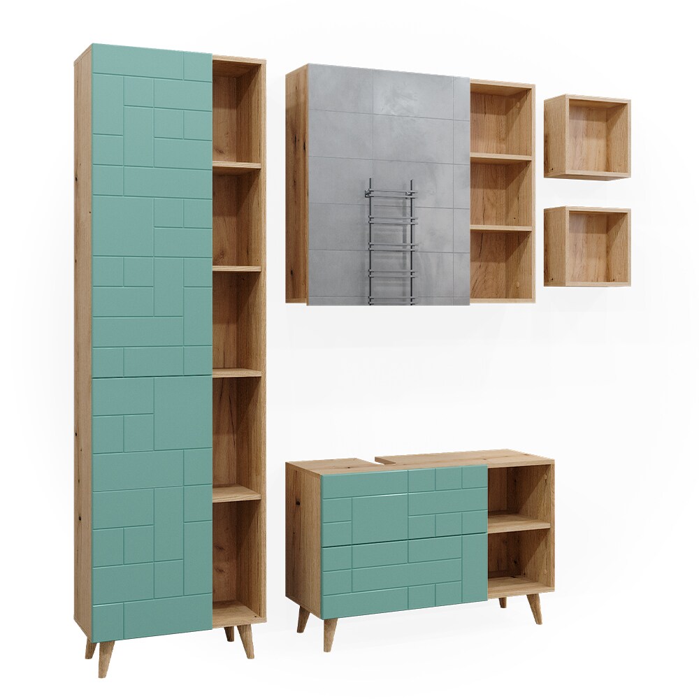 Vicco Badmöbel-Set Rudi in Eiche Evoke Mintgrün, Badezimmer, moderne Badserie Waschbeckenunterschrank Spiegelschrank Hochschrank Wandregal