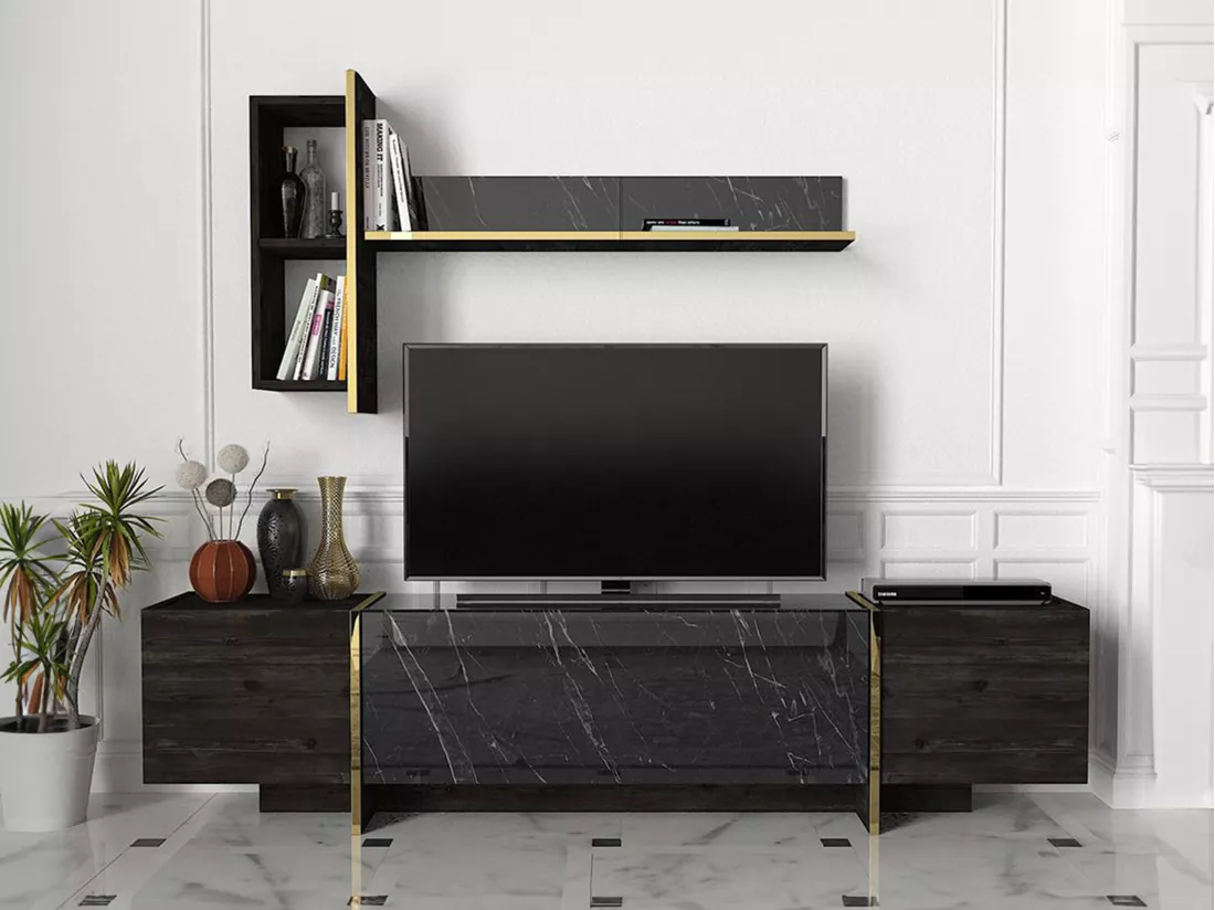 Ensemble TV avec rangements - Effet marbre noir, naturel foncé et doré - CADEBA II