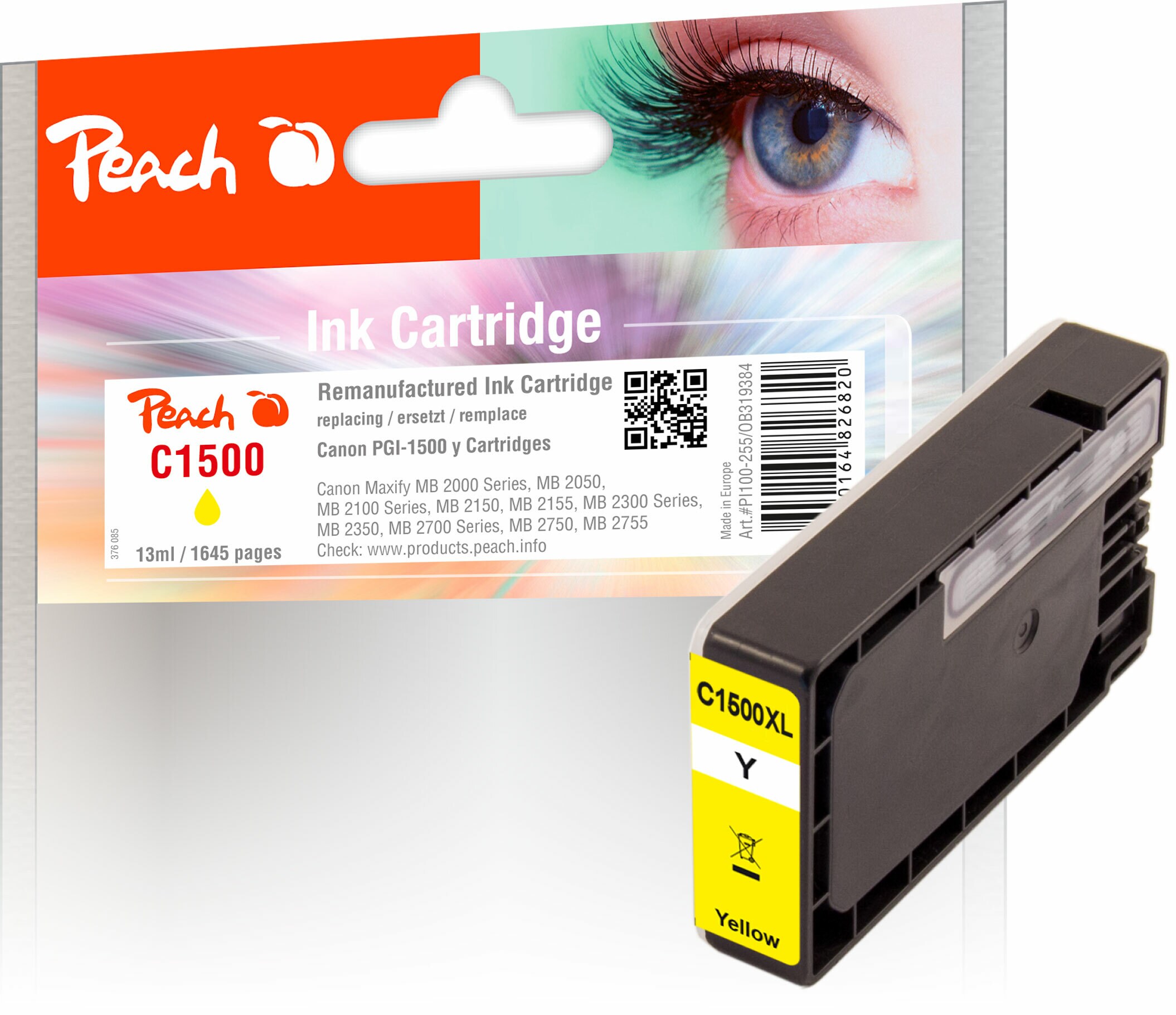 Peach C1500 XLY Druckerpatrone XL ye ersetzt Canon PGI-1500XLY, 9195B001 für z.B. Canon Maxify MB 2750, Canon Maxify MB 2700, Canon Maxify MB 2350 (wiederaufbereitet)
