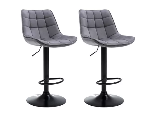 Lot de 2 tabourets de bar en velours et métal - Hauteur réglable - Gris - LIMA II