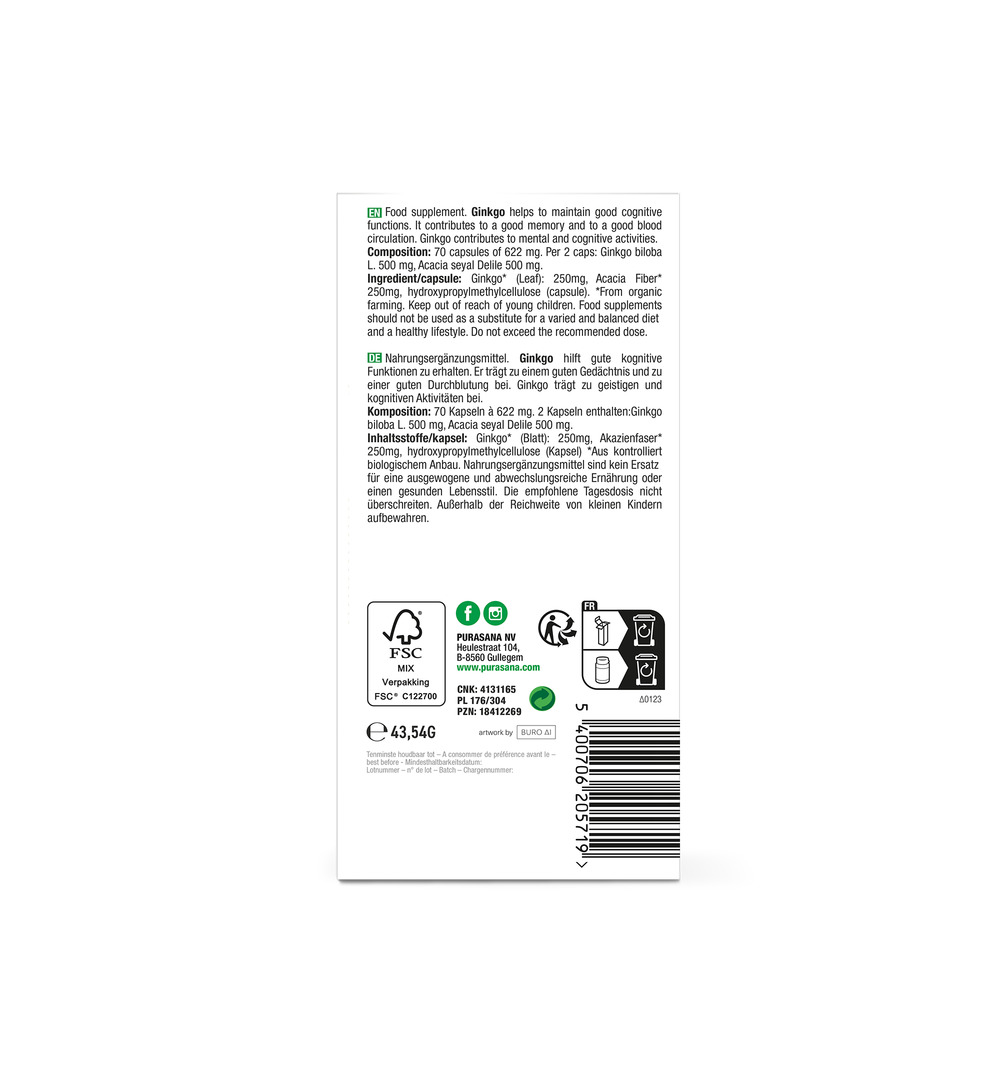 Purasana Ginkgo Biloba Vegan Bio (70 vega capsules)